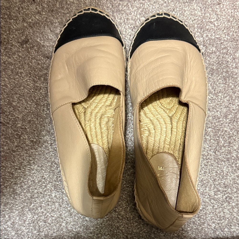 Women’s Leather Slip-On Espadrilles in Beige with Black Cap Toe